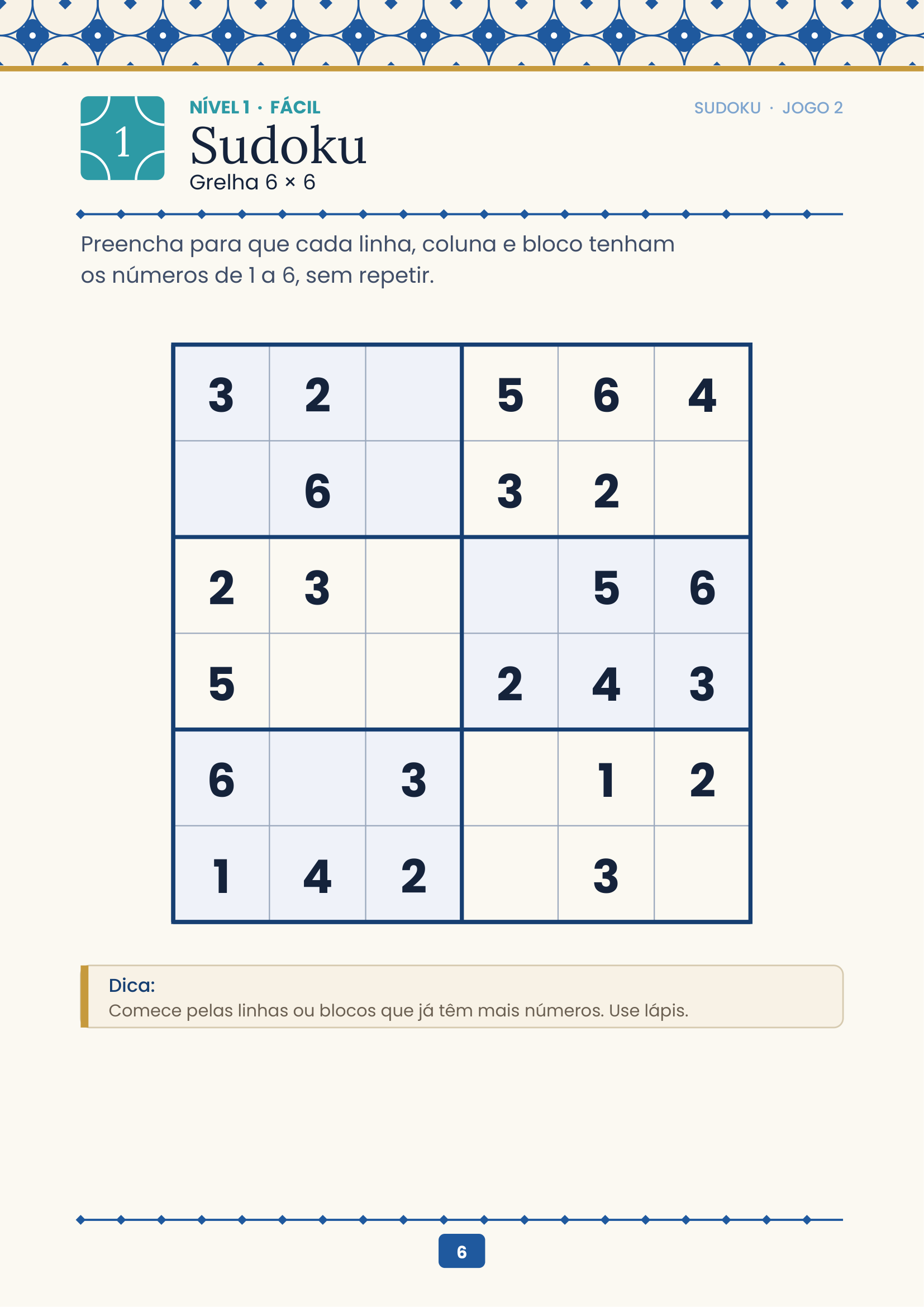 Exemplo de página — Sudoku 6×6